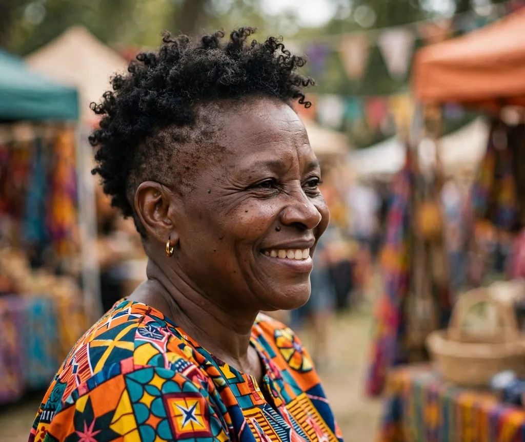 Tapered natural haircut on a Black woman in her mid 50s wearing a colorful Ankara print top, cultural festival