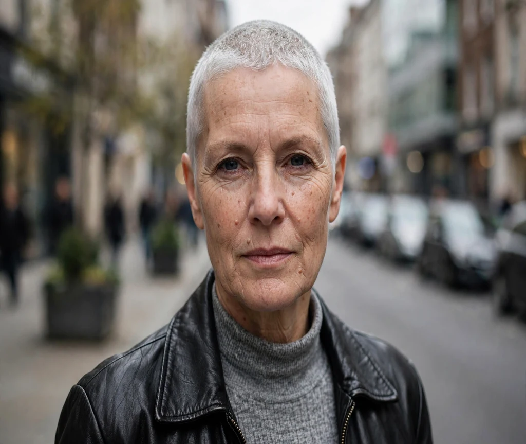 Bold buzz cut on a white woman in her late 50s wearing a black leather jacket, city street