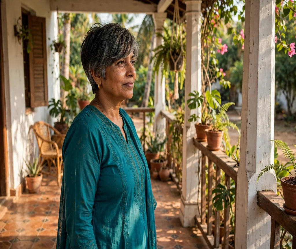 Pixie with long sweeping bangs on a South Asian woman in her early 50s wearing a teal salwar, sunlit veranda