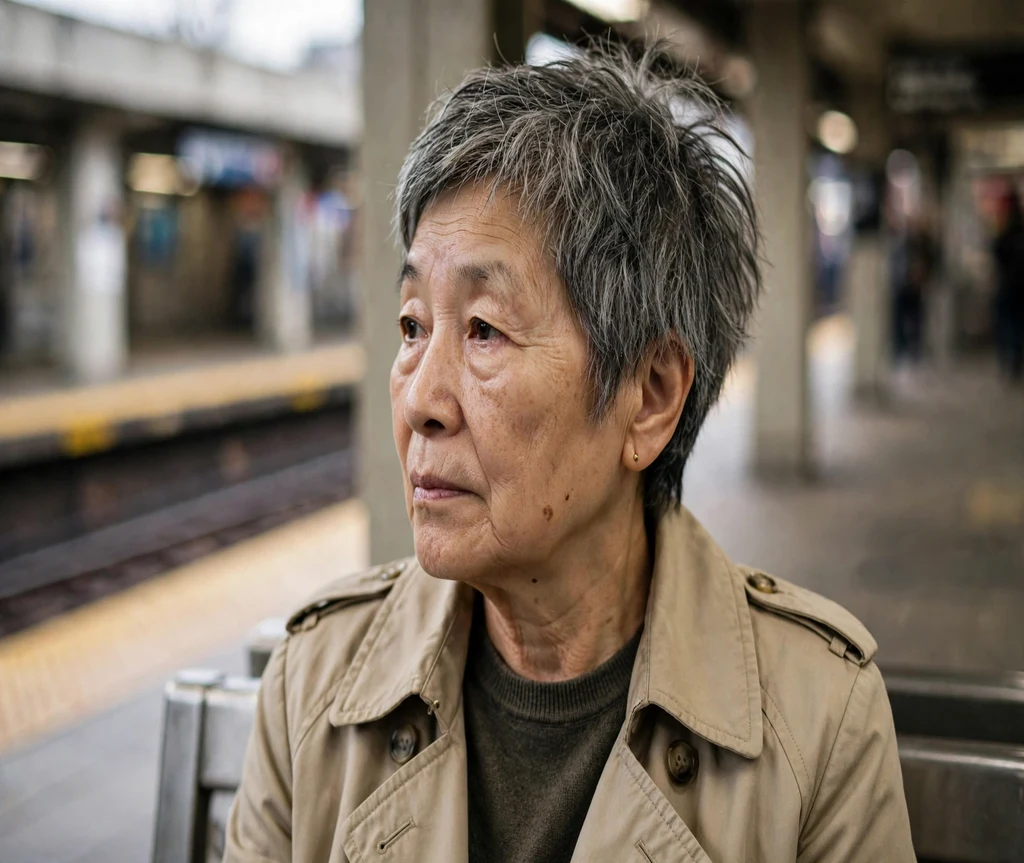 Choppy textured crop on an East Asian woman in her mid 60s wearing a beige trench coat, subway platform