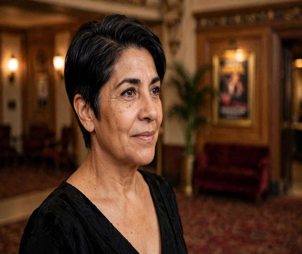 Sleek side-parted pixie on a Latina woman in her late 50s wearing a black evening dress, theater lobby