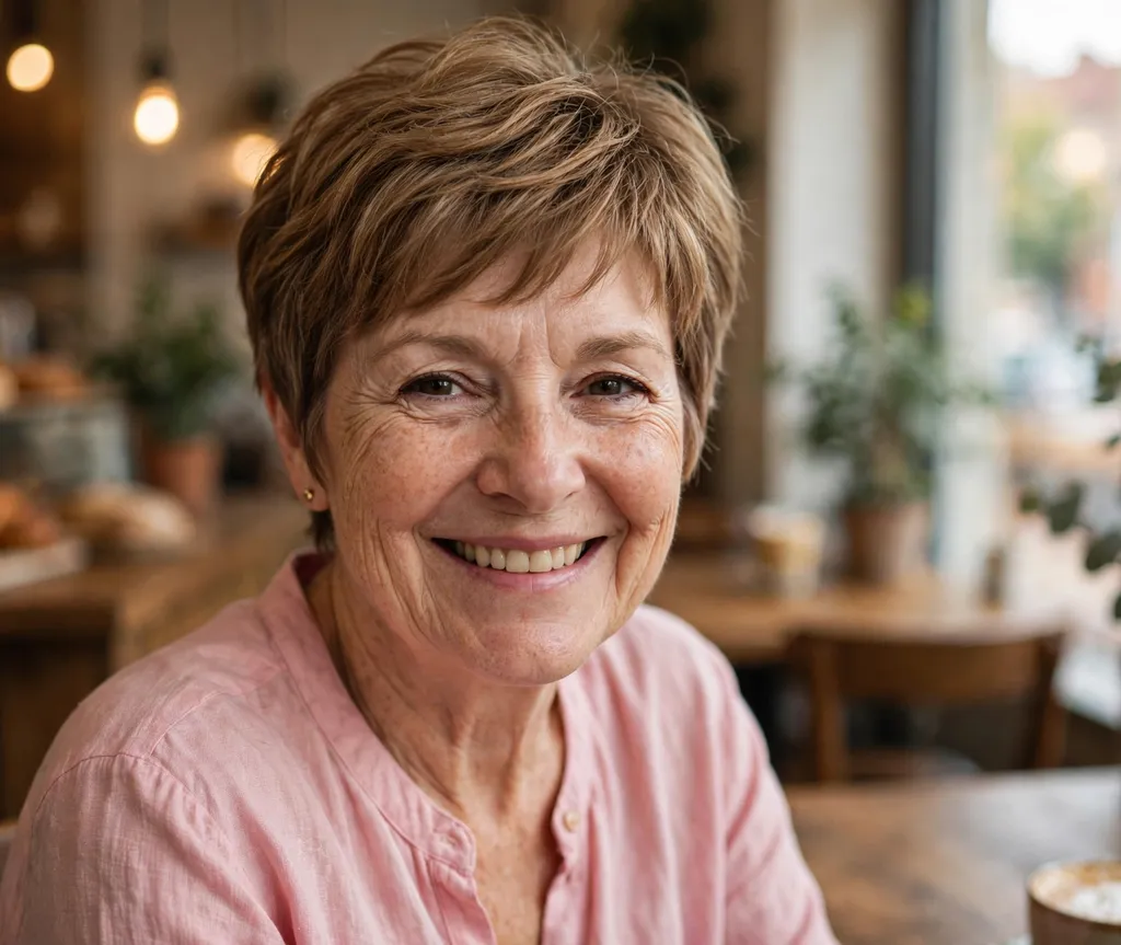 Feathered pixie with soft layers on a white woman in her early 60s wearing a pink blouse, cozy café
