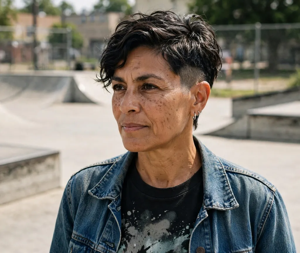 Undercut pixie with shaved side on a mixed-race woman in her mid 50s wearing a graphic tee and denim jacket, skate park
