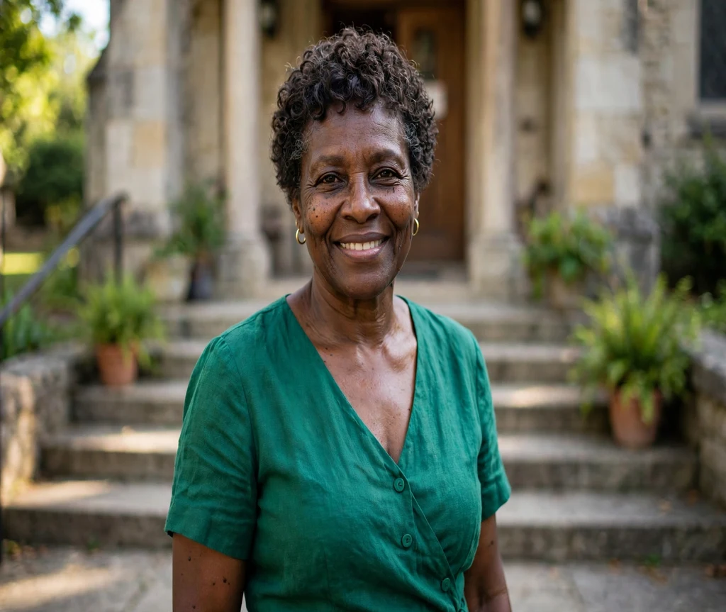 Curly pixie showcasing natural curls on a Black woman in her late 50s wearing gold earrings and an emerald dress, church steps