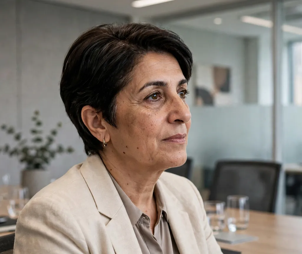 Classic wedge haircut on a Middle Eastern woman in her early 50s wearing a cream blazer, conference room