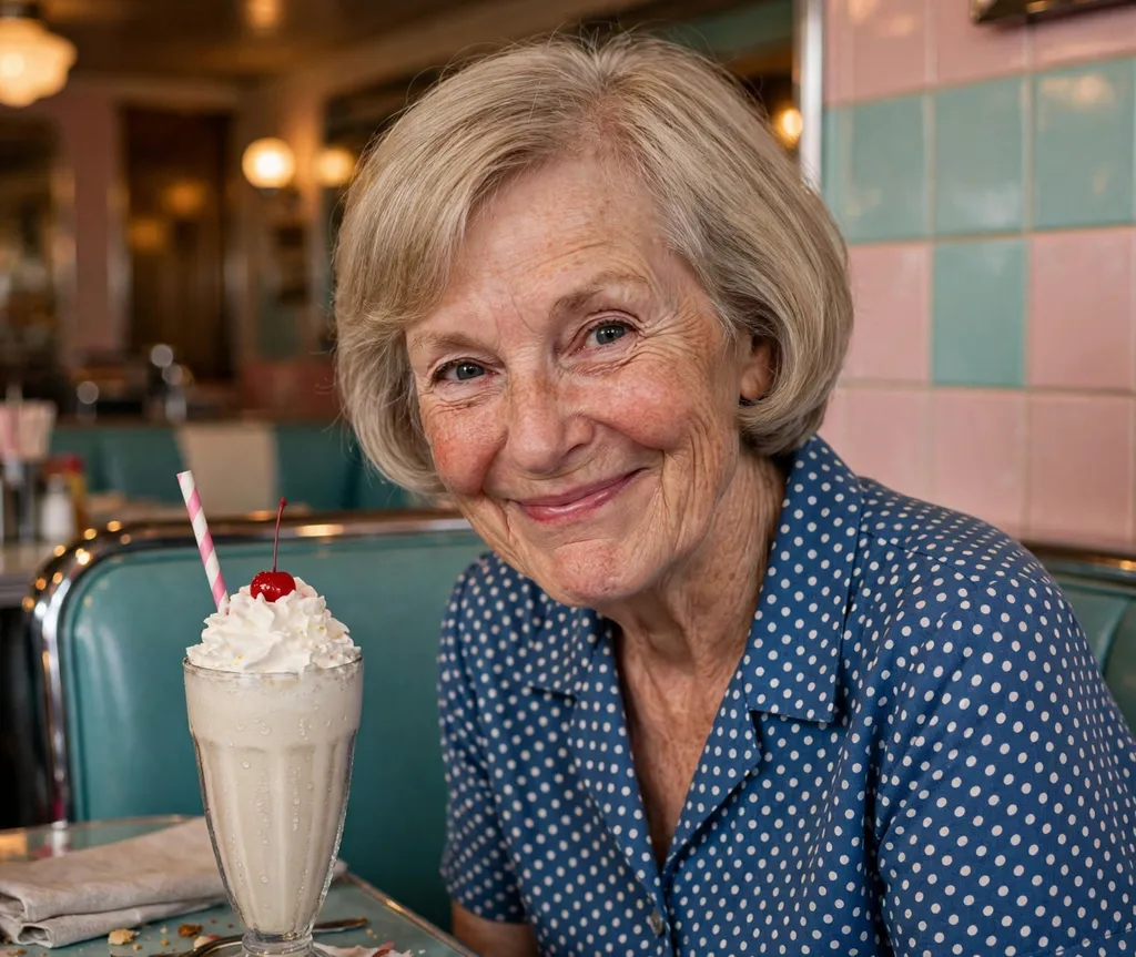 Modern rounded bowl cut on a white woman in her mid 60s wearing a polka-dot dress, retro diner