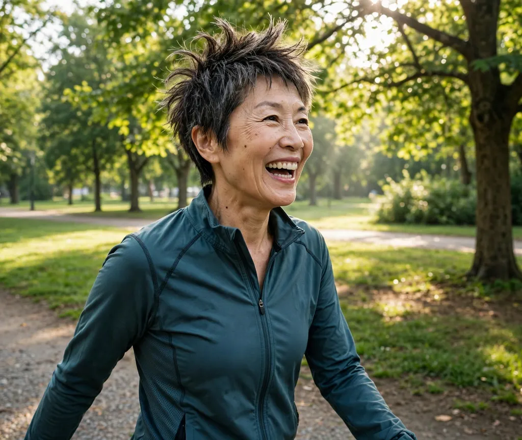 Spiky textured pixie on an East Asian woman in her late 50s wearing a sporty zip-up top, park morning