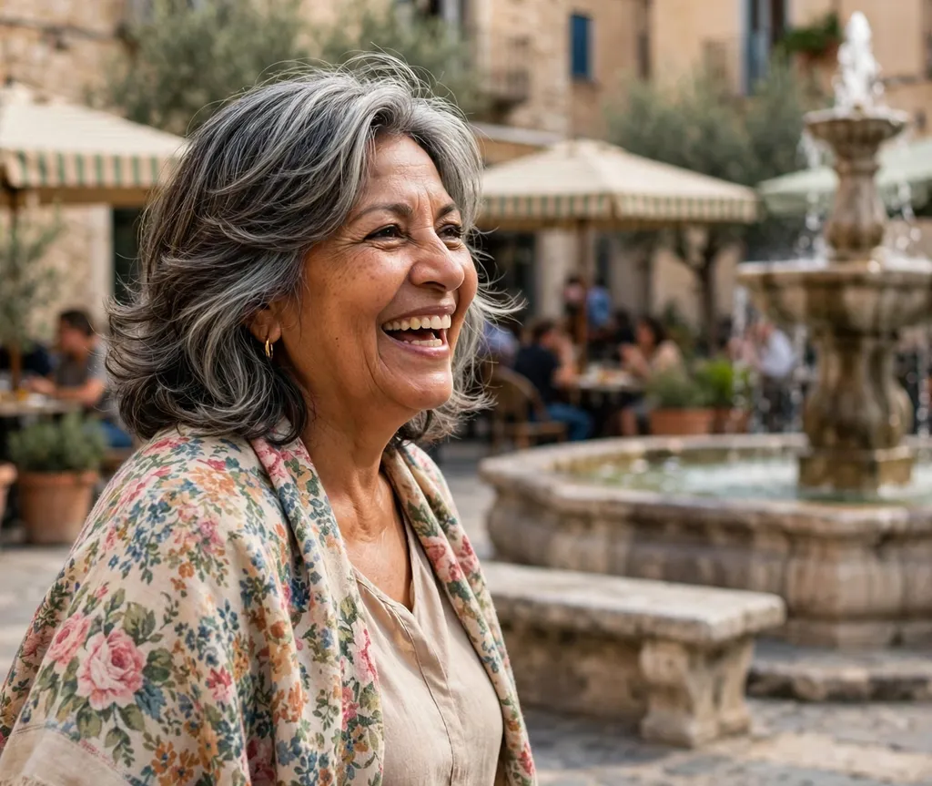 Soft layered crop on a Latina woman in her early 60s wearing a floral shawl, sunny plaza