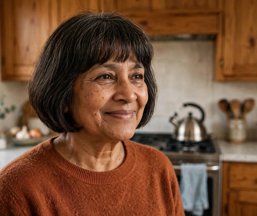 Short bob with full bangs on a South Asian woman in her mid 50s wearing a rust-colored sweater, home kitchen