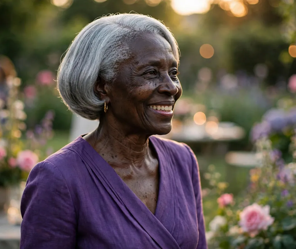 Rounded polished bob on a Black woman in her late 60s wearing a purple dress, garden party