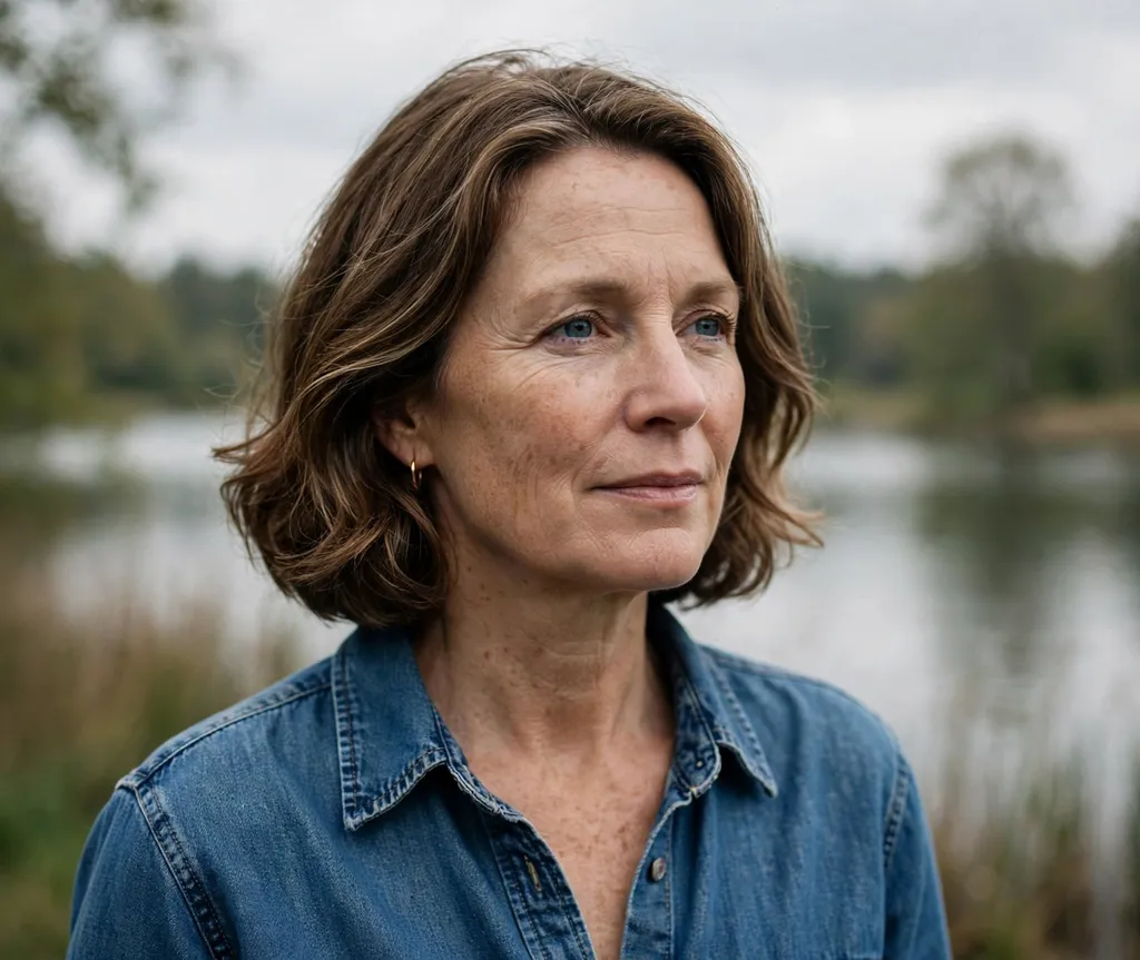 Jaw-length wavy bob on a white woman in her early 50s wearing a denim shirt, lakeside