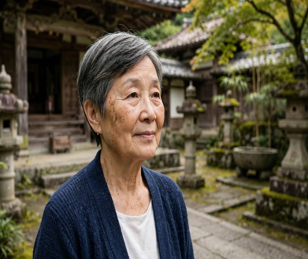 Short cropped cut with side sweep on an East Asian woman in her mid 60s wearing a navy cardigan, temple courtyard