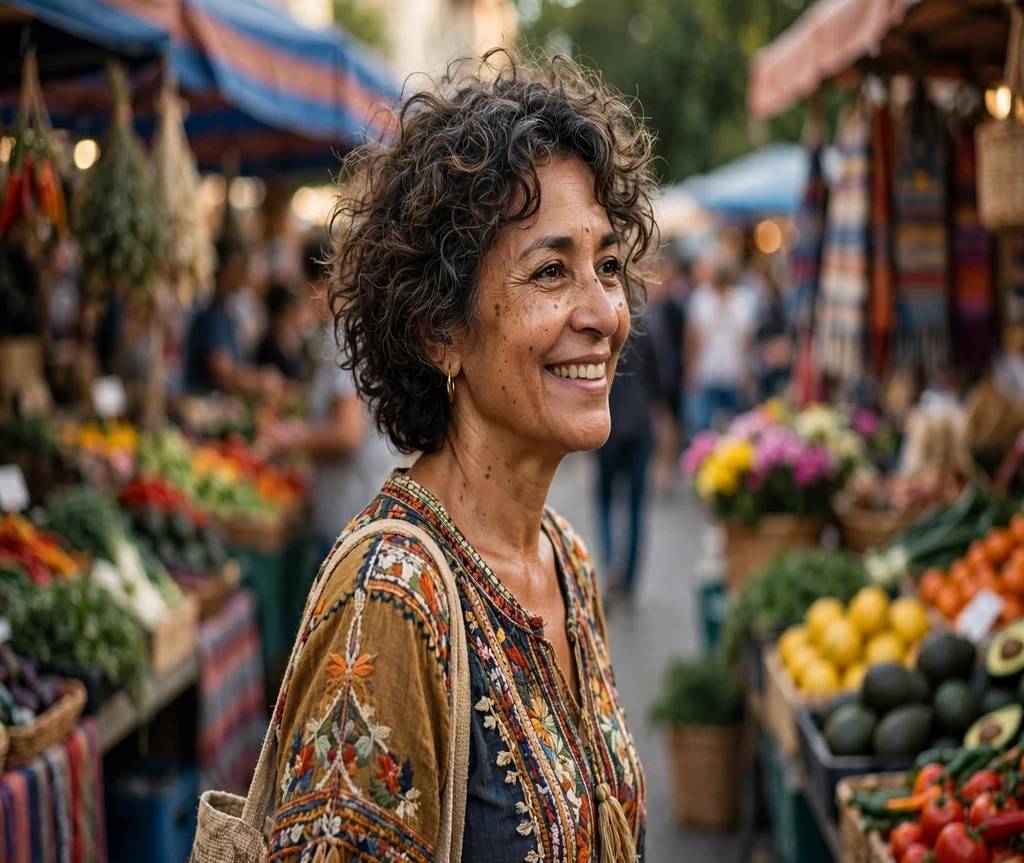 Short curly shag on a mixed-race woman in her late 50s wearing a boho embroidered top, outdoor market