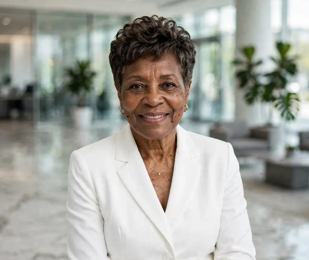 Tapered pixie with full crown on a Black woman in her early 60s wearing a white pantsuit, corporate lobby
