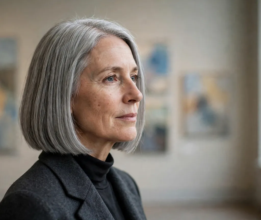 Sleek straight gray bob on a white woman in her mid 50s wearing a charcoal coat, museum gallery