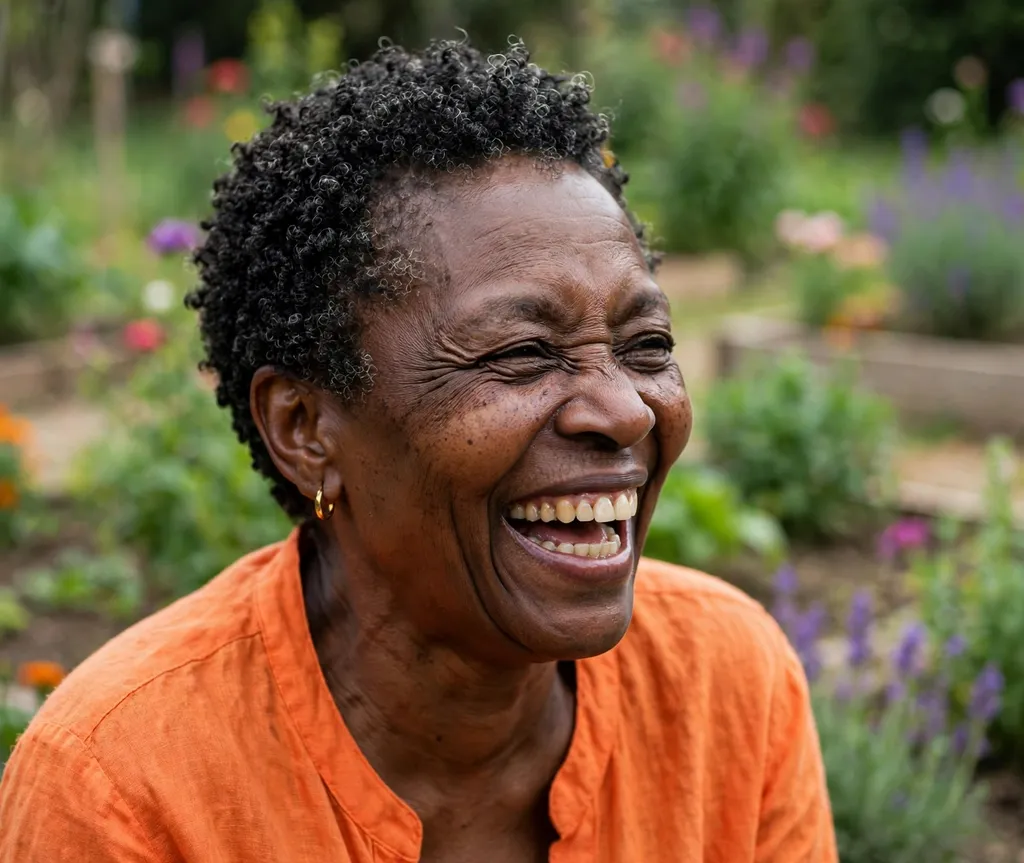 Short coily crop on a Black woman in her late 60s wearing a bright orange top, community garden