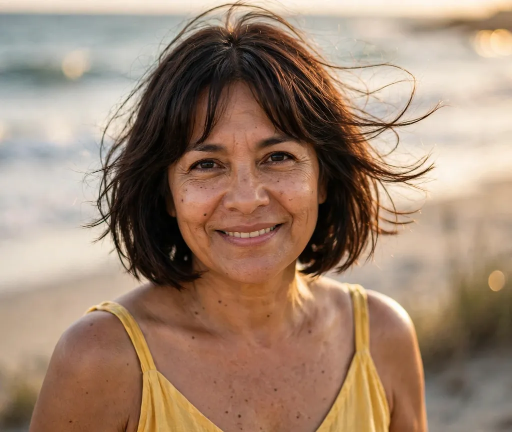 Chin-length bob with curtain bangs on a Latina woman in her early 50s wearing a yellow sundress, sunny beach