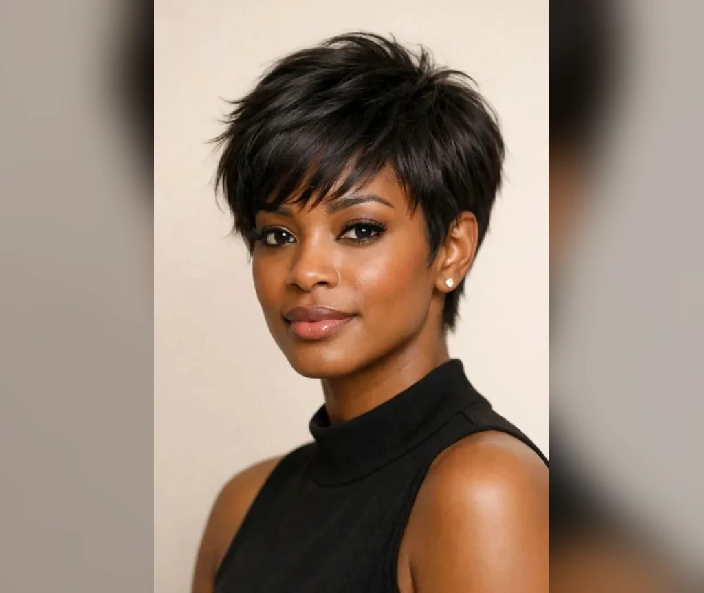 Classic pixie cut on a Black woman with a soft fringe