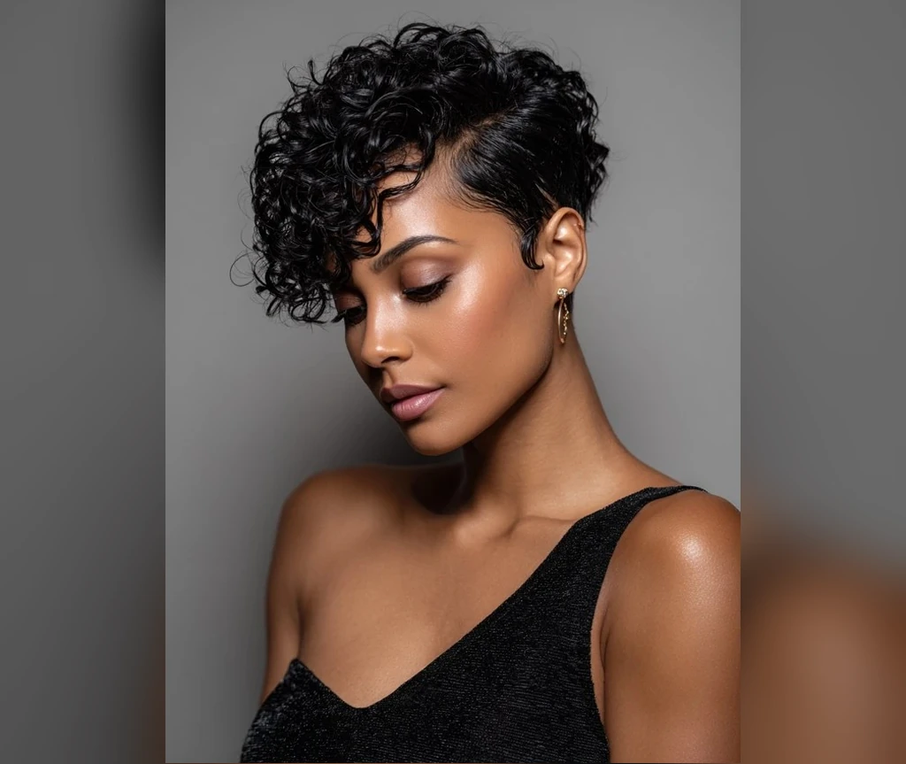 Curly pixie on a Black woman with defined curls on top