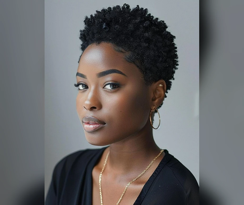 Short natural curls on a Black woman with a defined curl pattern