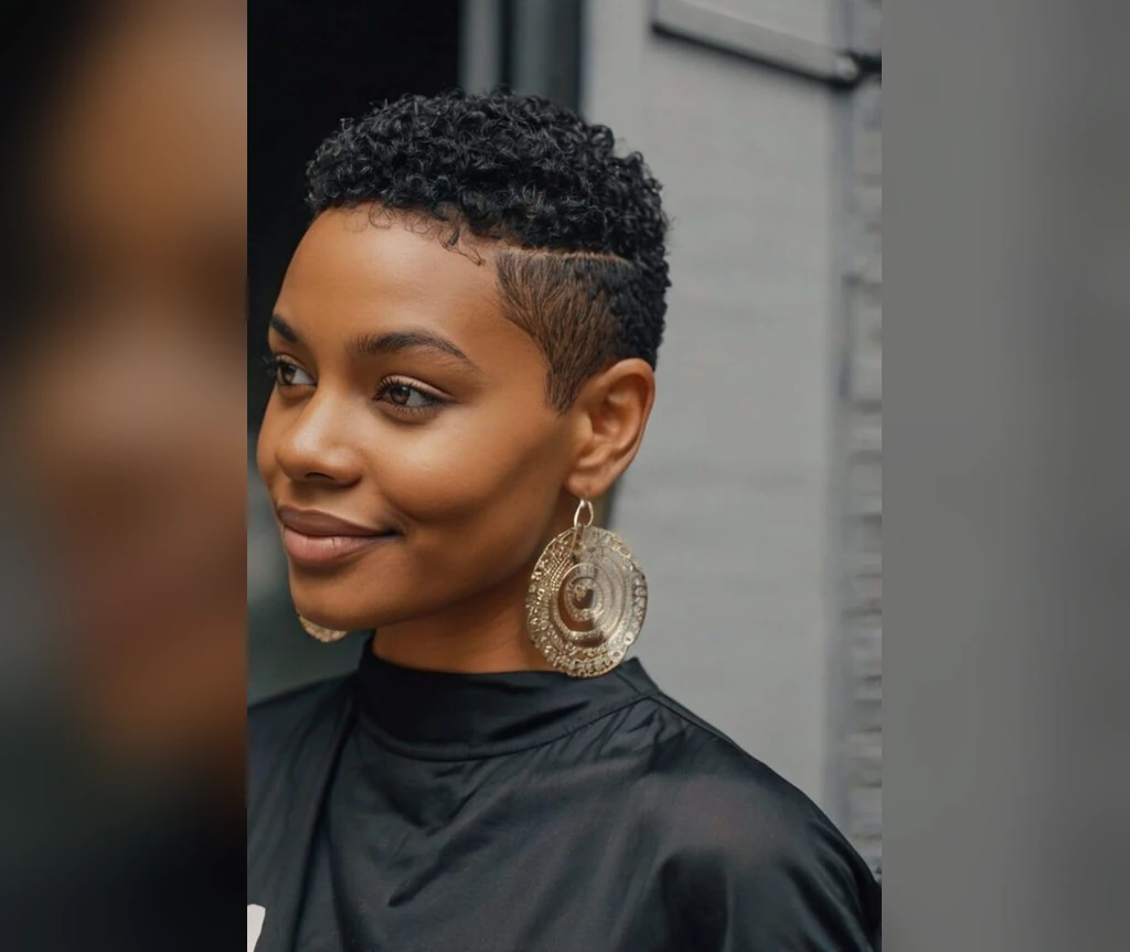 Short cut with a shaved side design on a smiling Black woman