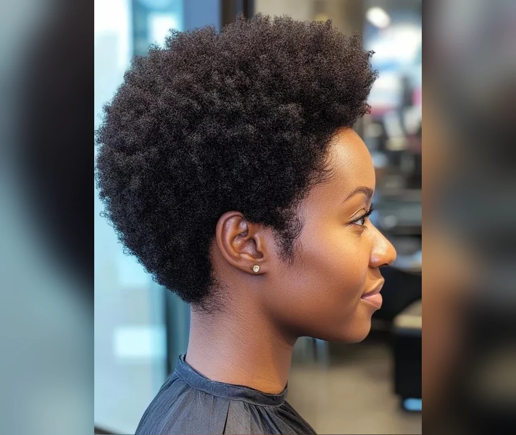 Mini afro on a Black woman with a rounded natural shape