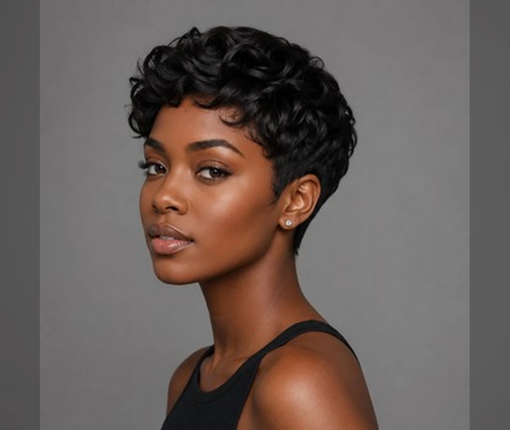 Wavy pixie on a Black woman with soft finger-wave curls