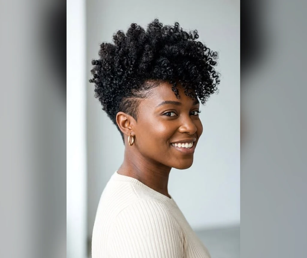 Curly top with tapered sides on a smiling Black woman