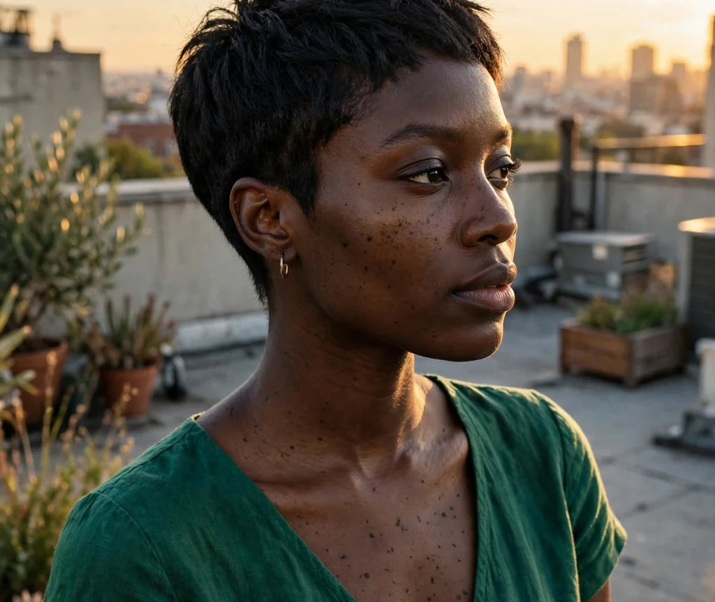Black woman with a classic textured pixie on a city rooftop