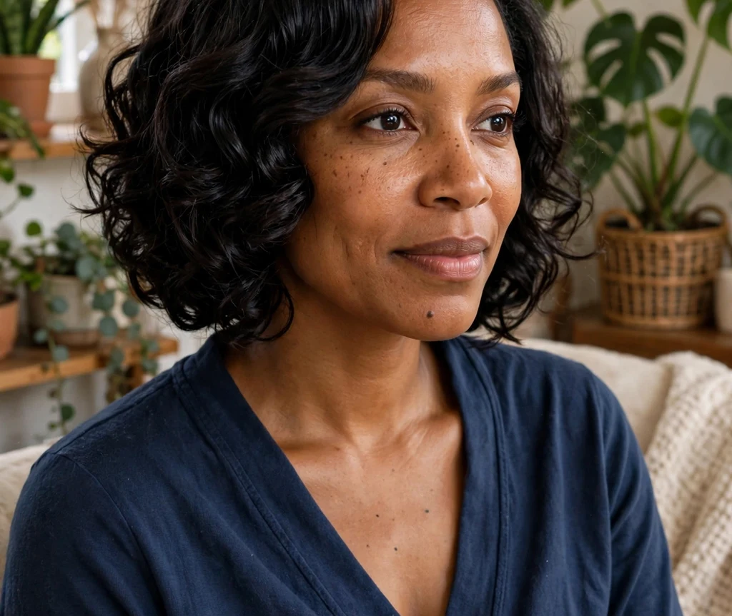 Black woman with a chin-length curly bob in a living room