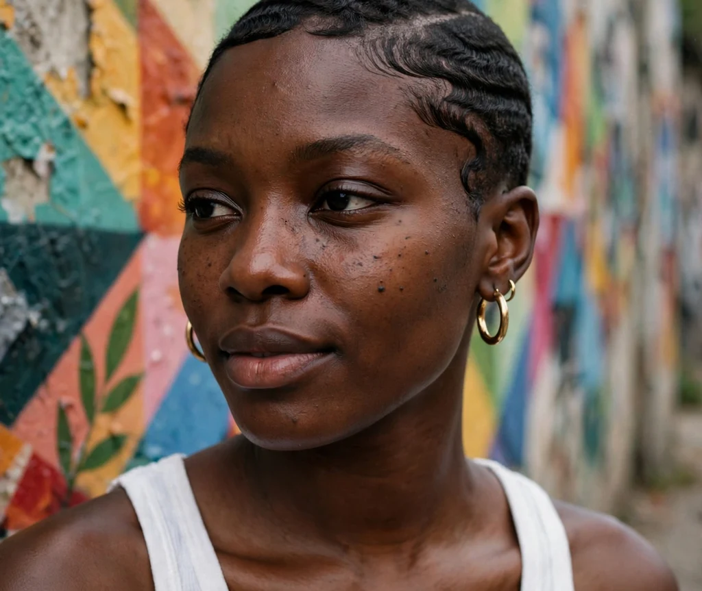 Black woman with buzzed 360 waves against a mural wall
