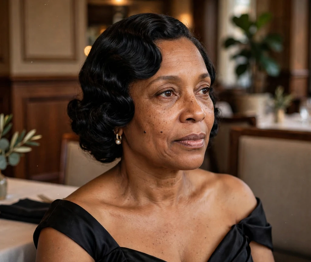 Black woman with sculpted finger waves in an evening gown