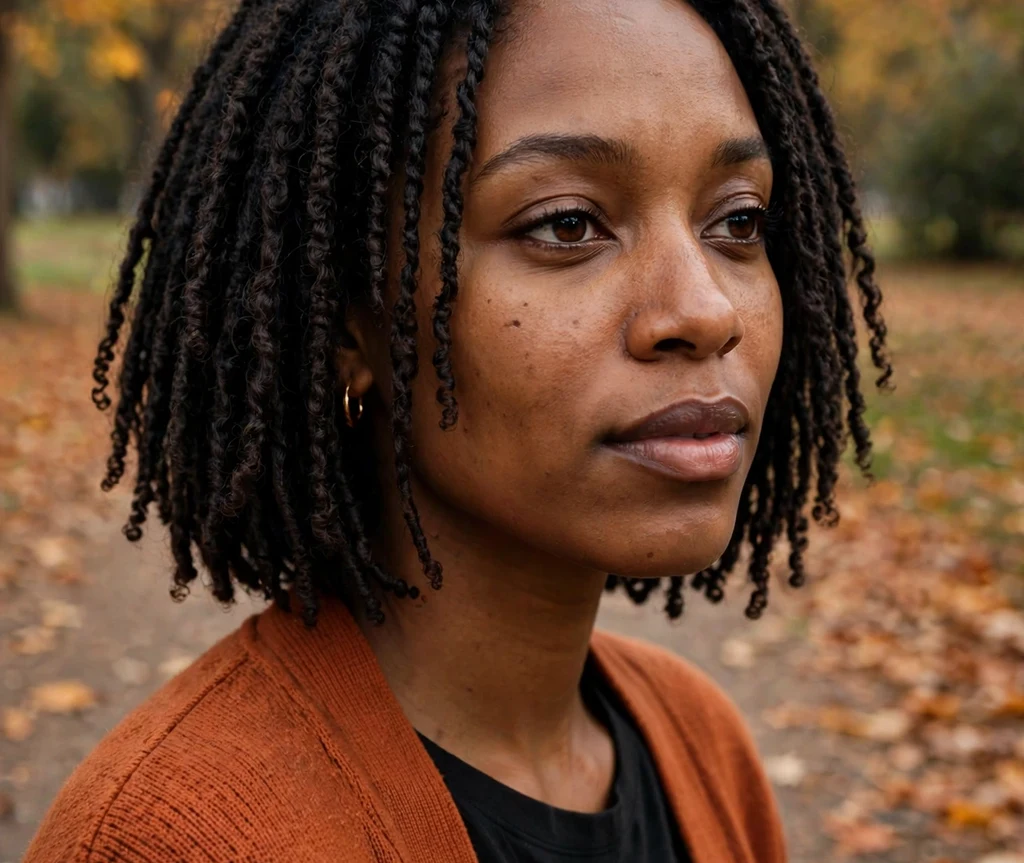 Black woman with a mini twist bob on an autumn park path