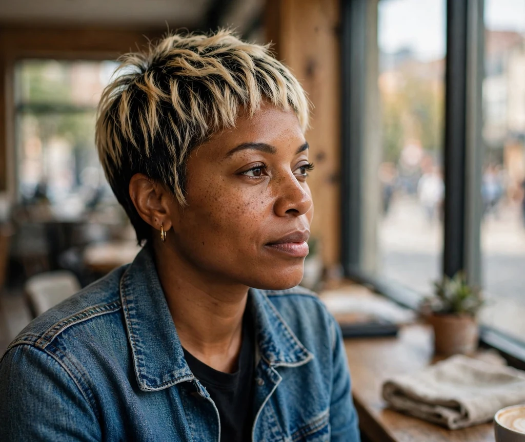 Black woman with a blonde-tipped pixie at a cafe