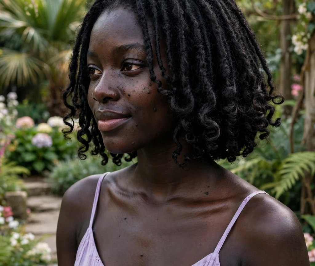 Black woman with a bob-length faux locs hairstyle in a garden