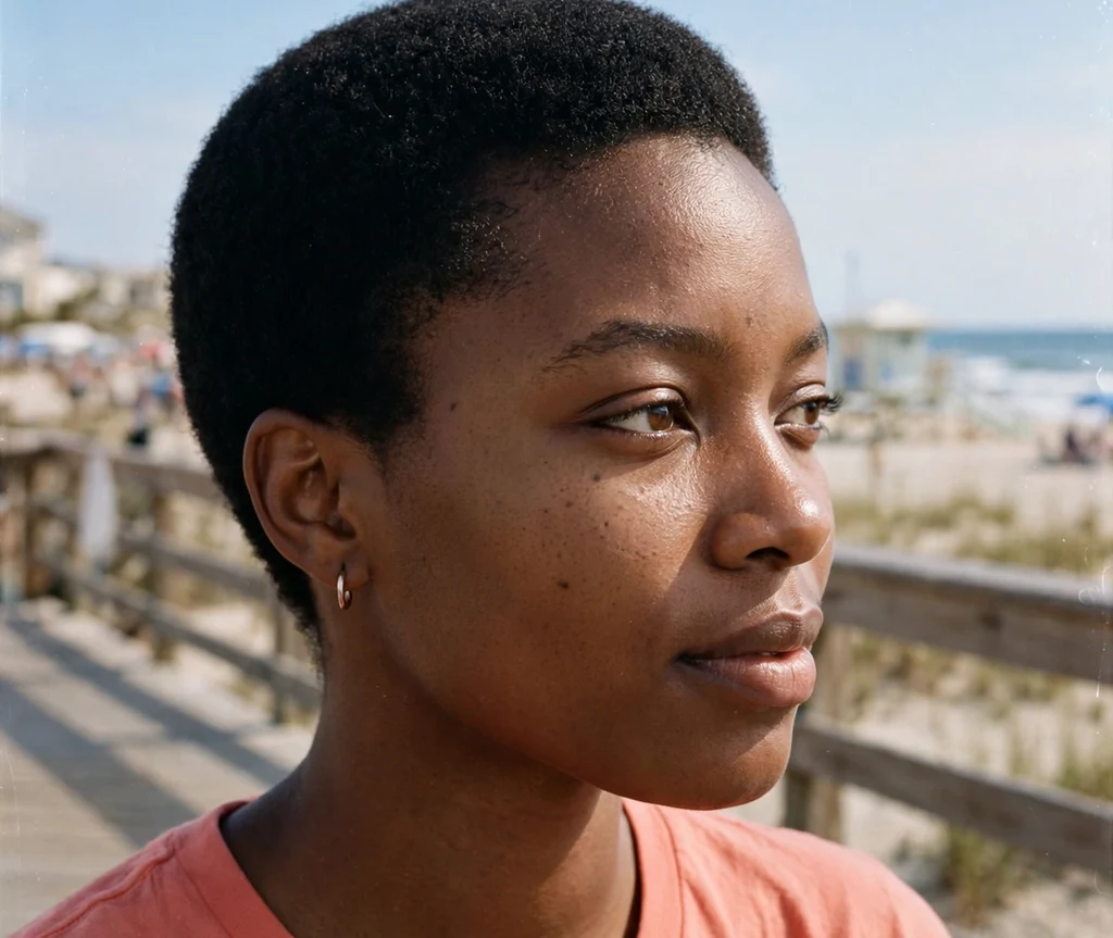 Black woman with a natural teeny-weeny afro on a beach boardwalk