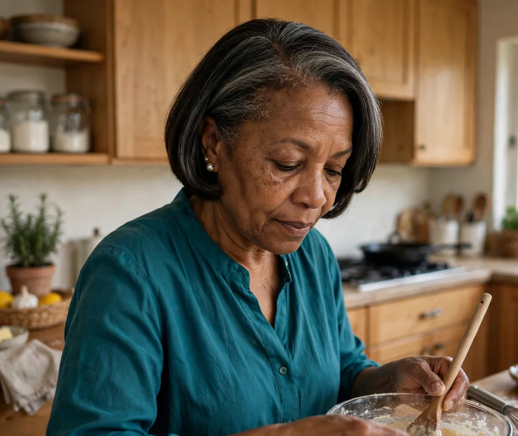 Black woman with a sleek side-parted bob in a kitchen