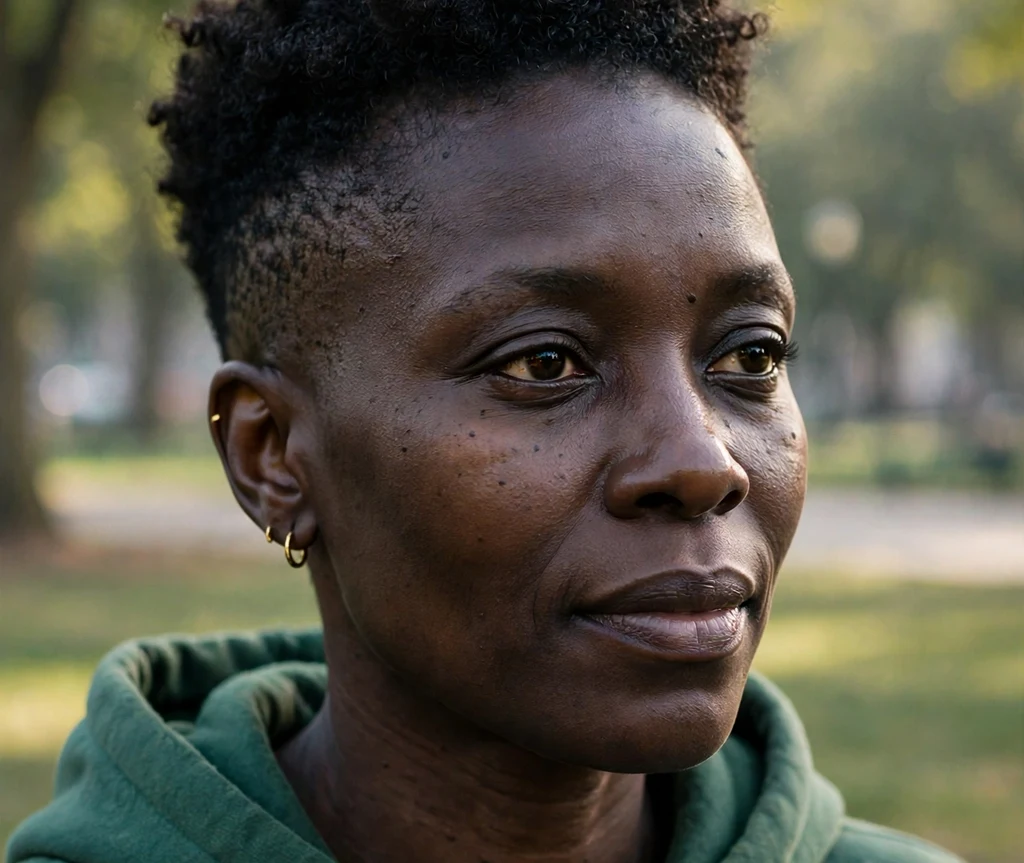 Black woman with a curly taper fade in a city park