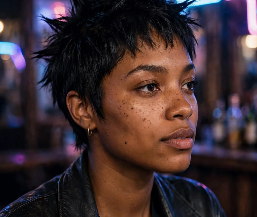 Black woman with an edgy spiked pixie in neon lights
