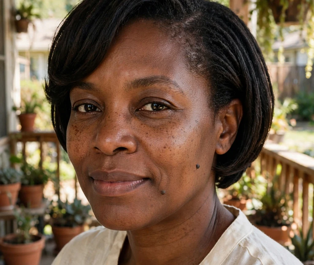 Black woman with a short sisterlocks bob on a sunny porch