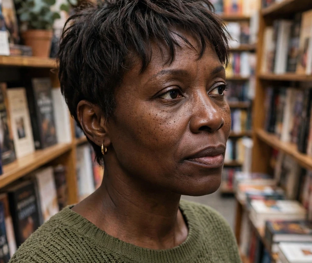 Black woman with a textured crop and wispy bangs in a bookstore