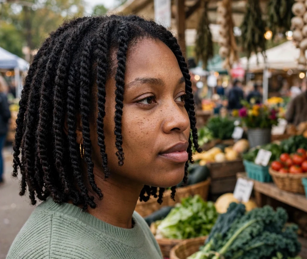 Black woman with short two-strand twists at a farmers market