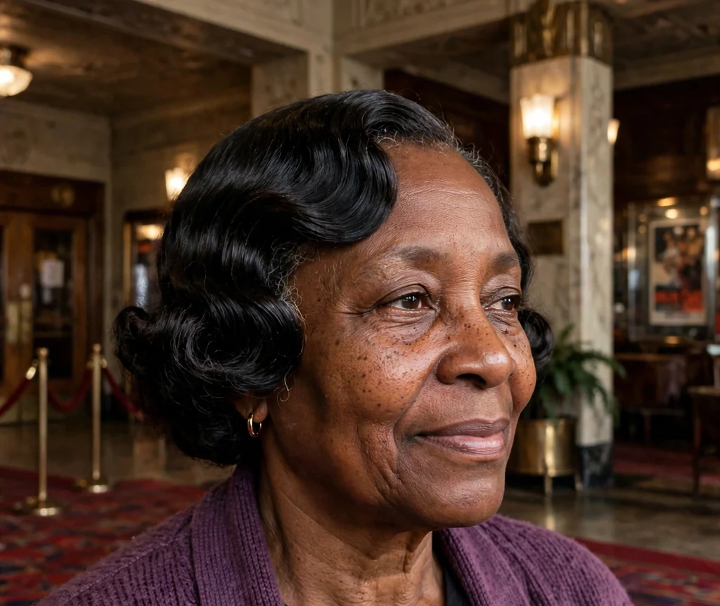 Black woman with a vintage finger wave bob in a theater lobby