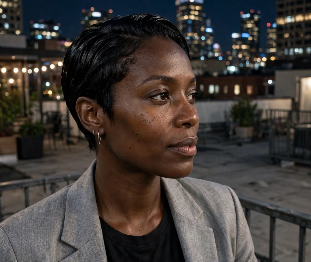 Black woman with a sleek slicked-back pixie on a rooftop at night