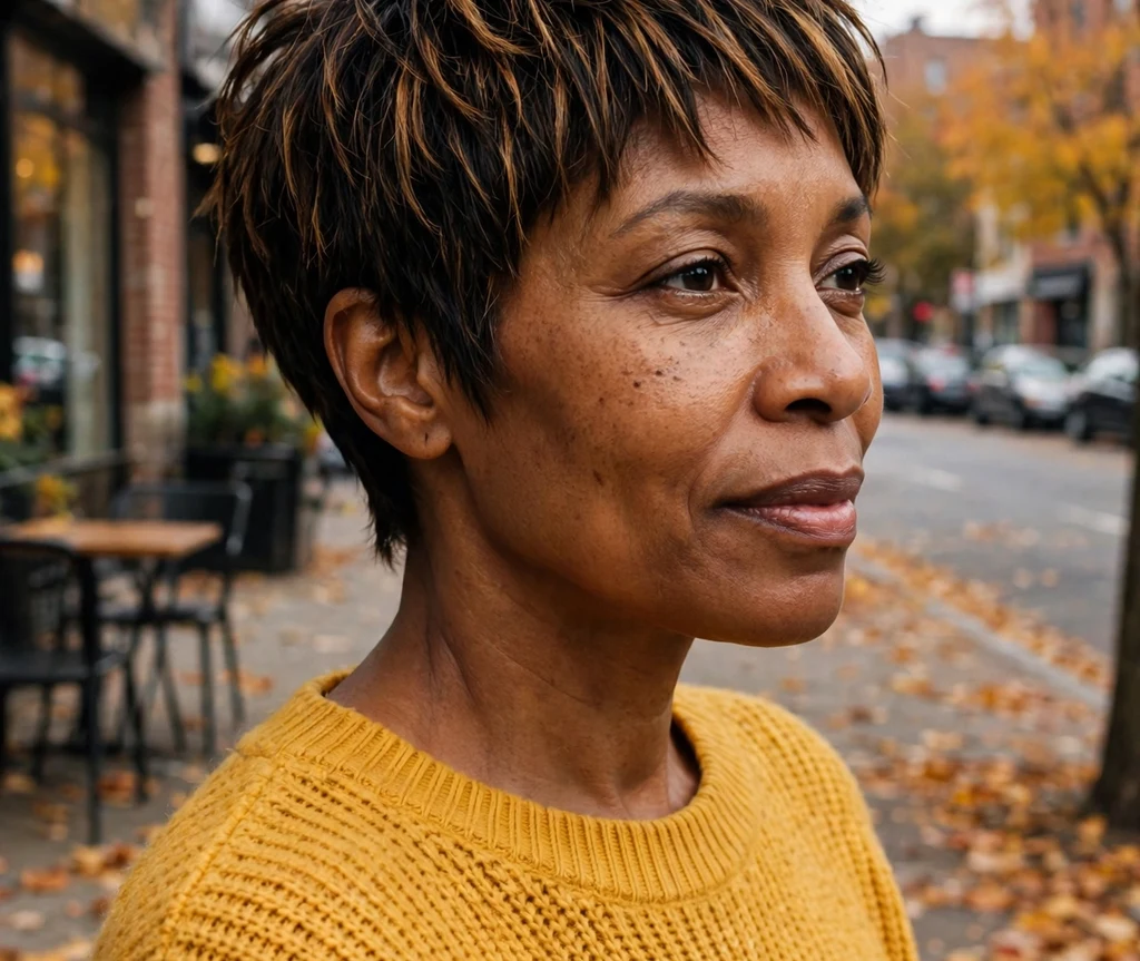 Black woman with a choppy pixie and caramel highlights on an autumn street