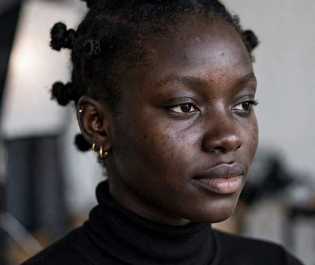 Black woman with a bantu knot crown in a studio