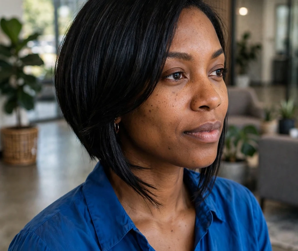 Black woman with a sharp angled bob in an office lobby