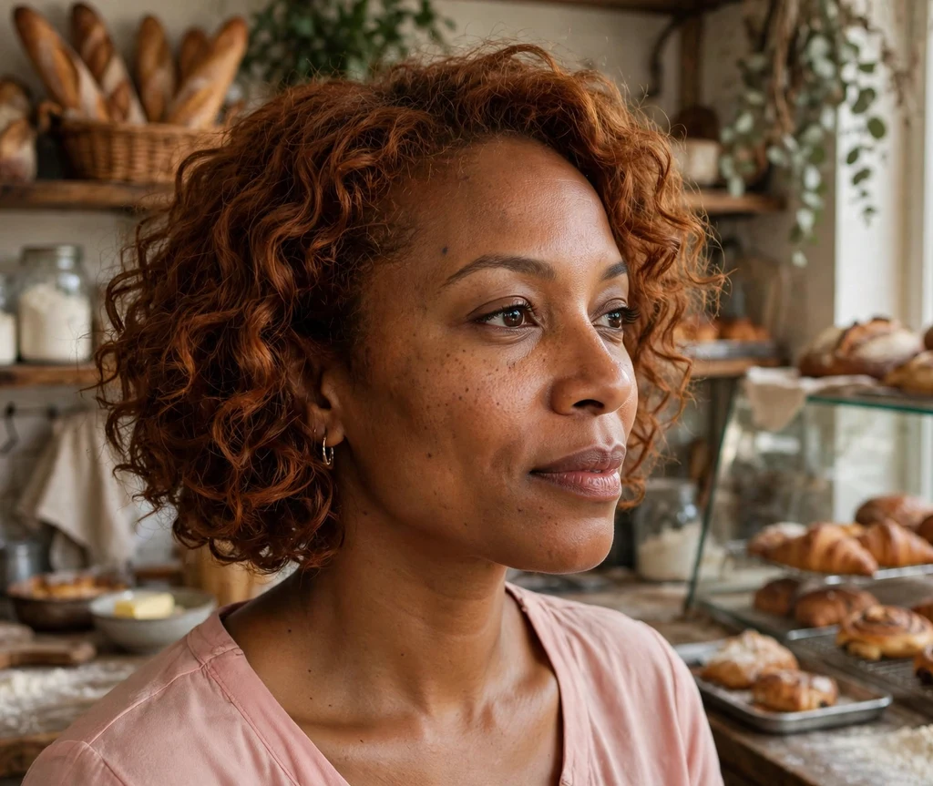 Black woman with auburn short curls in a bakery