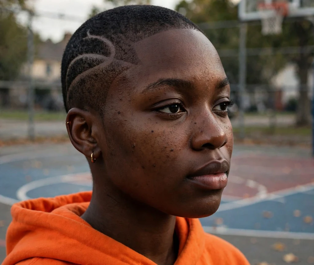Black woman with a buzz cut featuring shaved designs on a basketball court