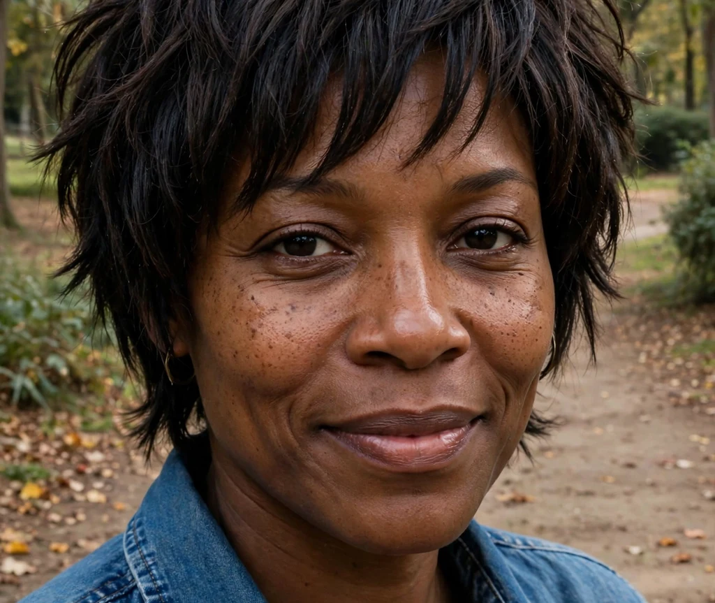 Black woman with a layered short shag on a park trail